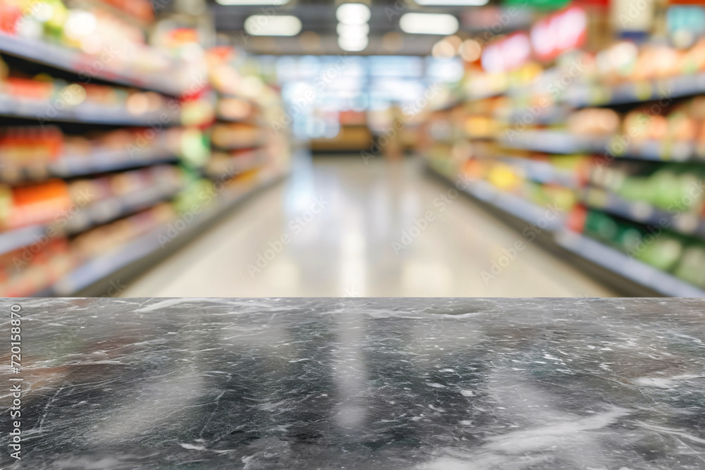 Blank marble tabletop with blurred supermarket background, product display concept illustration