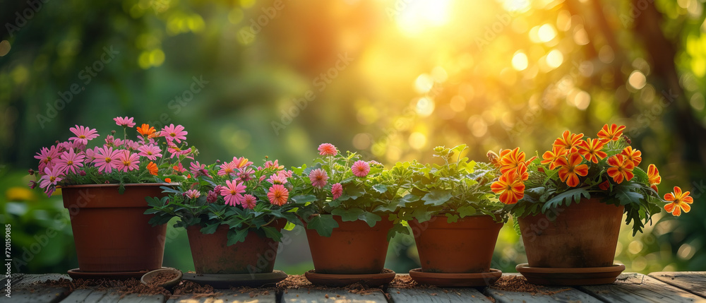 Gardening background with flowerpots in sunny spring or summer garden, generative ai Gardening background with flowerpots in sunny spring or summer garden, generative ai