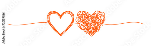 Banner with two tangled scribble hearts hand drawn with thin line, divider shape. Png clipart isolated on transparent background
