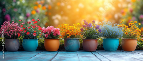 Gardening background with flowerpots in sunny spring or summer garden, generative ai