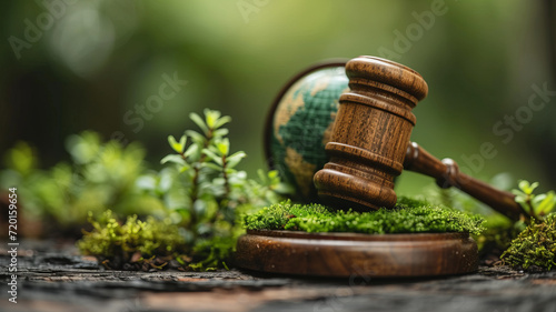 Gavel and green eco Earth globe, international law and green energy concept, sustainable environment future global values, generative ai photo