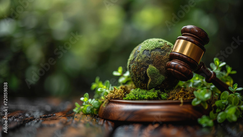 Gavel and green eco Earth globe, international law and green energy concept, sustainable environment future global values, generative ai