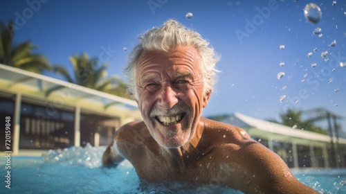 Portrait of a happy elderly gray-haired retired man in a hotel pool against a blue sky background. Travel, Vacations, Lifestyle concepts.