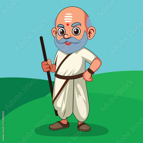 An indian old village men cartoon character standing alone with holding stick in hand