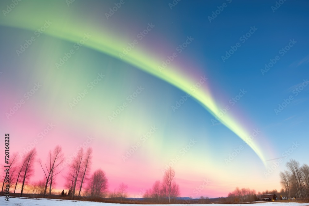 vivid green and pink aurora arc stretching across the horizon