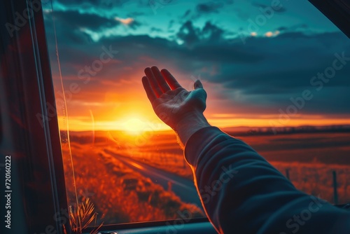 man in car window waving his hand and catching the wind at sunset, travel concept