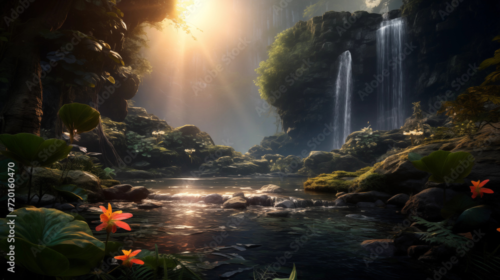 beautiful waterfall in the jungle with the sun shining and some lotus flowers