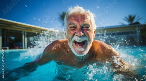 A happy elderly retired man is enjoying life in the pool of the water park. Travel, Vacations, Lifestyle concepts. © liliyabatyrova