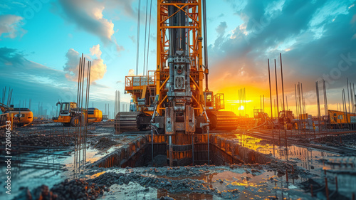 Hydraulic drilling machine at the construction site. Pile field. Modern drilling rig, generative ai