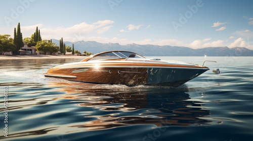 Luxury speedboat cruising on serene ocean waters.