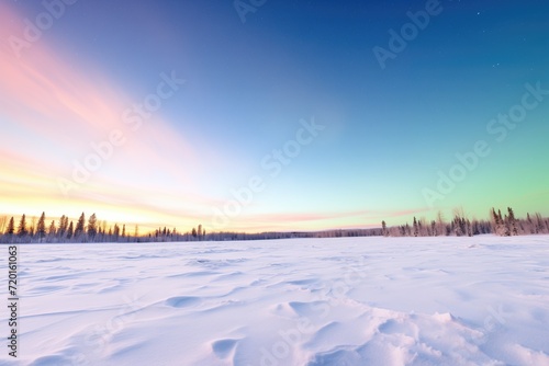 field of untouched snow under a bright aurora