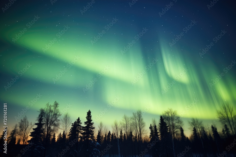 green aurora against a star-spangled sky over a forest green aurora against a star-spangled sky over a forest