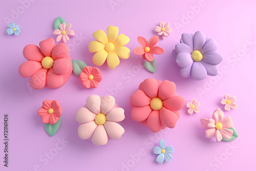 3d floral craft wallpaper. Concept illustration of orange green and yellow flowers on light background