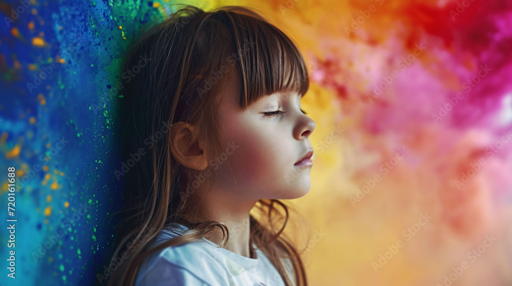Portrait of a girl with eyes closed leaning against the wall. Colorful nebula in the background. Portrait of a girl with eyes closed leaning against the wall. Colorful nebula in the background.