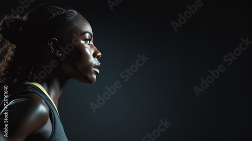 Side stop motion photography of a female black african woman runner who is about to run with copy space