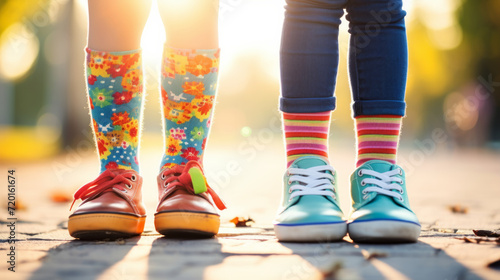 Two kids feet wearing colorful shoes and socks