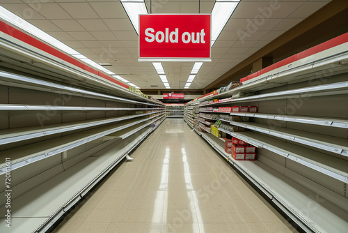Sold out concept image with empty grocery store alley and shelves with red sign with written words Sold out photo