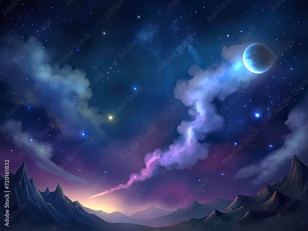 Fototapeta premium A starry night with a galaxy, a moon, and a comet