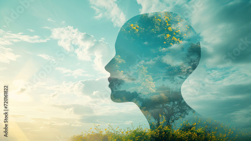 Outline of a human head containing a serene landscape background, symbolizing the concept of inner peace and mental tranquility with copy space