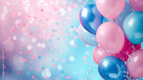 Pink and blue balloons and confetti background with copy space for festive gender reveal party or baby shower backdrop photo