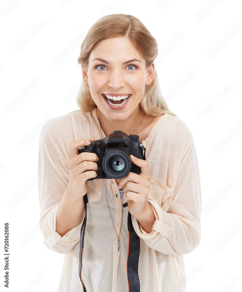 Portrait, creative photographer and excited woman with camera in studio isolated on a white background. Funny face, paparazzi and technology for hobby, taking pictures and professional photoshoot Portrait, creative photographer and excited woman with camera in studio isolated on a white background. Funny face, paparazzi and technology for hobby, taking pictures and professional photoshoot