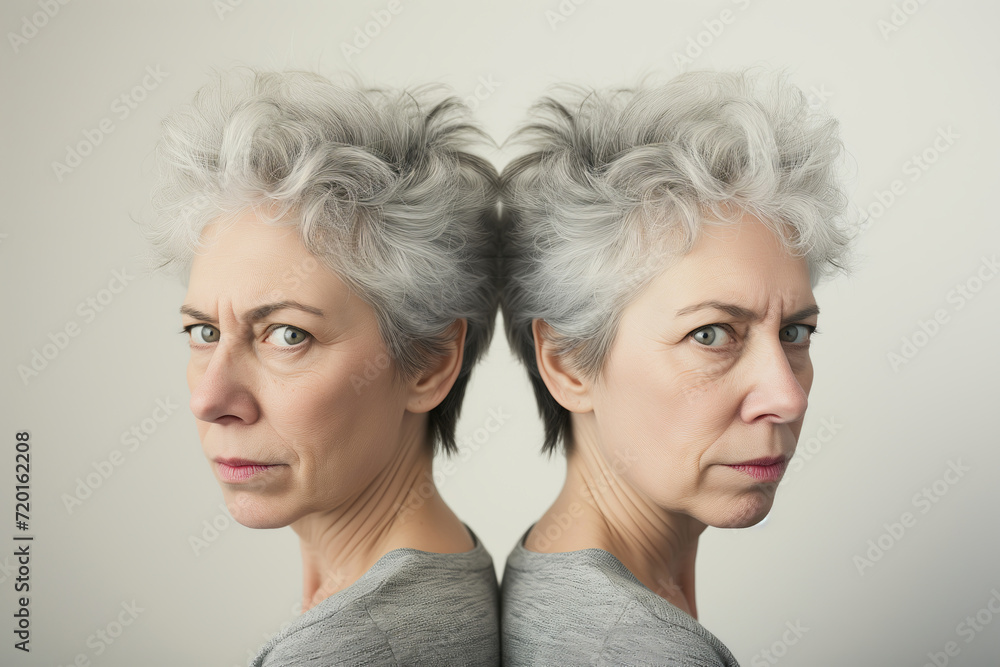 Distinctive Stare, Mature Female Twins with Curly Silver Hair, Back-to-Back Confidence Distinctive Stare, Mature Female Twins with Curly Silver Hair, Back-to-Back Confidence