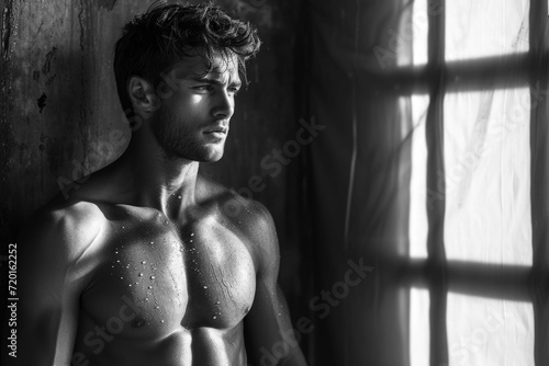 Young topless handsome sporty man. Strong athletic fitness model stands in natural day light, black and white photo photo