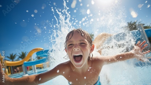 Happy children are splashing on the water slide at the water park on a sunny summer vacation day. Travel, Vacations, Lifestyle concepts. photo