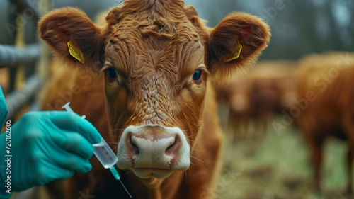 Veterinarian holds a syringe with vaccine on the background of a dairy cow in a cow barn ,generative ai