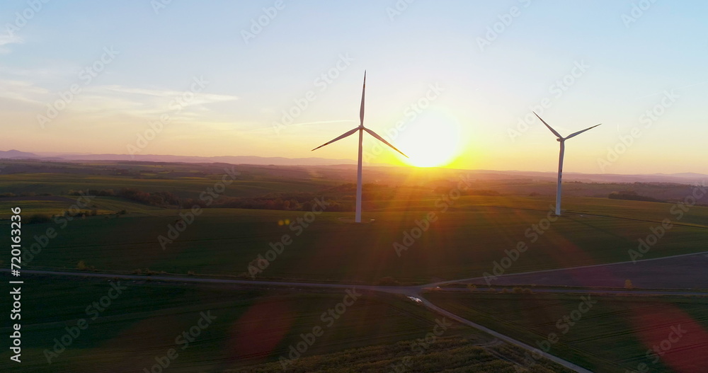 Aerial wiev of windmills farm. Power Energy Production