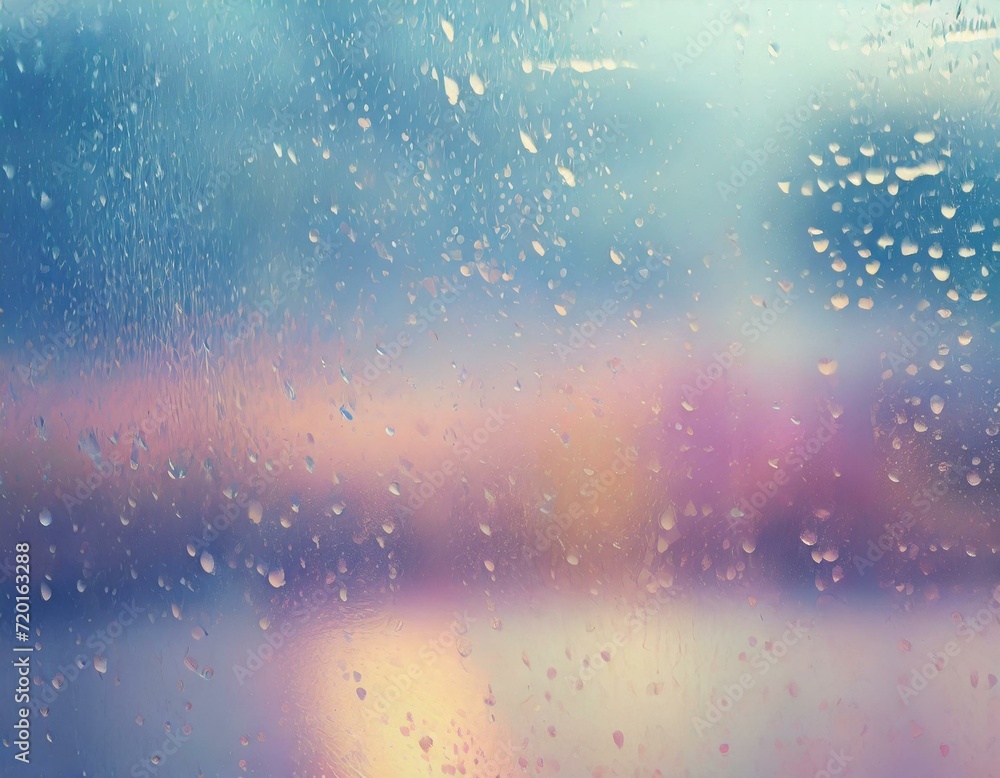 Blurred pastel background with rain drops on glass window surface.