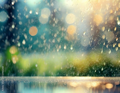 Blurred background with rain drops on glass window surface. Golden glittering bokeh light. 