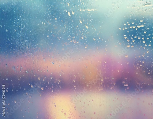 Blurred pastel background with rain drops on glass window surface. © Kati Lenart