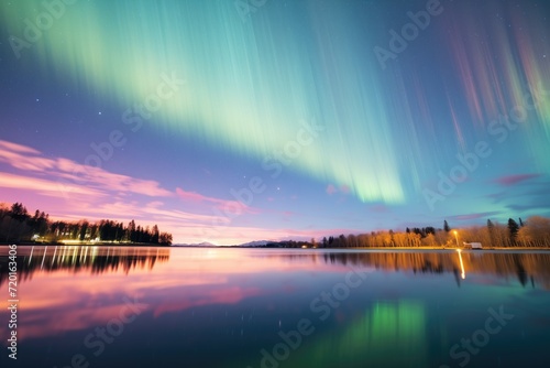 vivid aurora ribbon slicing night sky over lake
