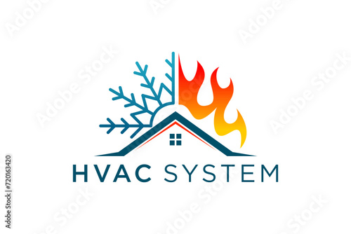 Industry logo for HVAC Heating, Ventilation, and Air Conditioning system, fire duct system channels, snow and fire house roof shape elements.