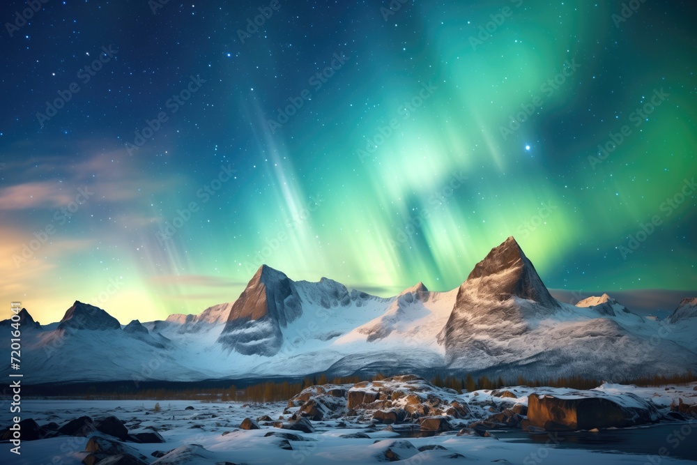 mountain range with aurora illuminating the sky