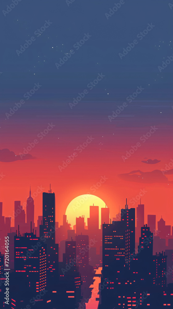 Serene Cityscape at Sunset with Skyscraper Silhouettes and Warm Sky