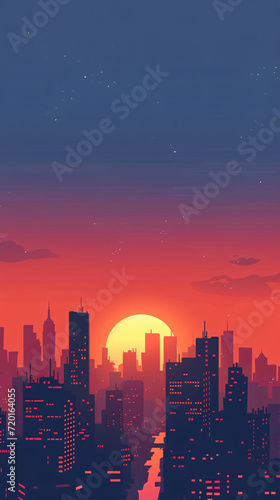 Serene Cityscape at Sunset with Skyscraper Silhouettes and Warm Sky