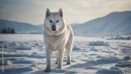 White antartic husky on cold ice winter landscape background from Generative AI