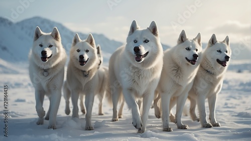 A pack of white antartic huskies on cold ice winter landscape background from Generative AI photo