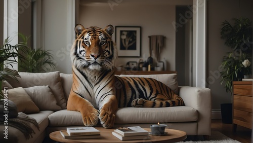 A tiger in the living room of a cozy home from Generative AI