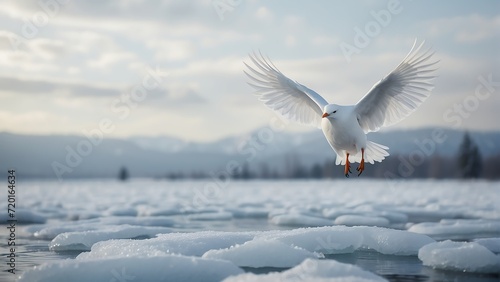 Flying white bird  on the sky of cold ice winter landscape background from Generative AI