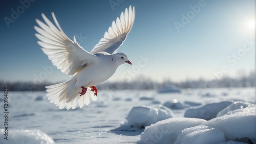 Flying white dove on the sky of cold ice winter landscape background from Generative AI