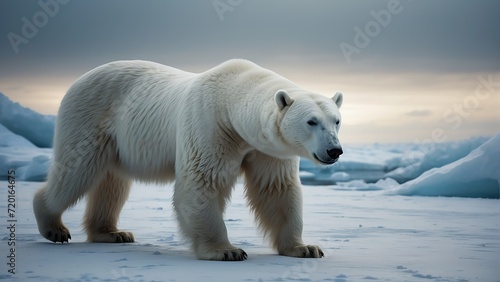 Giant white polar bear on cold ice winter landscape background from Generative AI