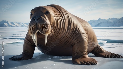 Giant walrus on cold ice winter landscape background from Generative AI