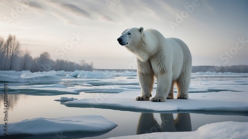 Giant white polar bear on cold ice winter landscape background from Generative AI