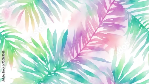 Seamless pattern of watercolor abstract of bright palm leaves in pastel colors from Generative AI