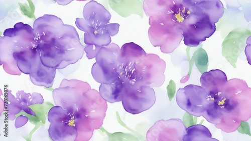 Seamless pattern of watercolor abstract of bright purple flowers in pastel colors from Generative AI