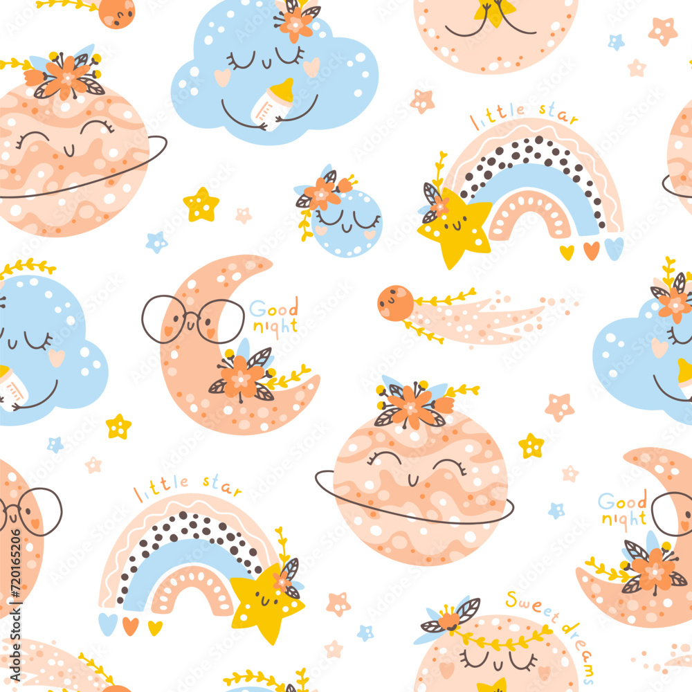 Fototapeta premium Nursery seamless pattern with rainbows, planets, clouds. Vector background with cute baby shower elements in simple hand-drawn Scandinavian cartoon doodle style. Limited pastel palette for printing.