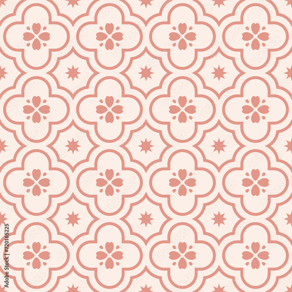 Beige seamless pattern with pink flowers and stars. Moroccan tiles print.
